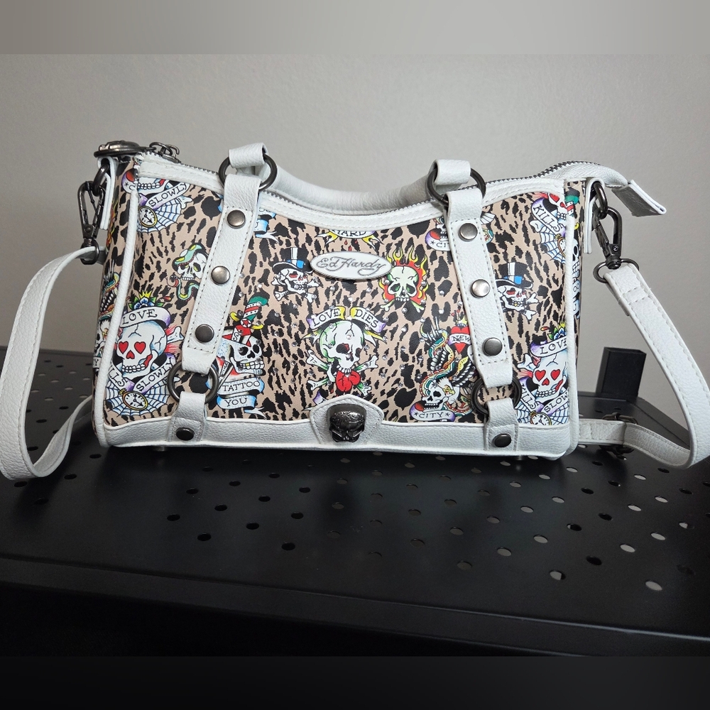 Ed Hardy White Leopard Print Tattoo-Graphic Shoulder Bag